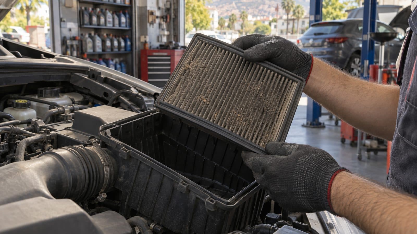 Motor hava filtresi kutusu açık, filtre elemanı görünüyor